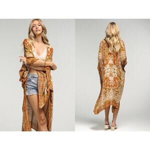 Bohemian Orange Printed Long Kimono Tunic